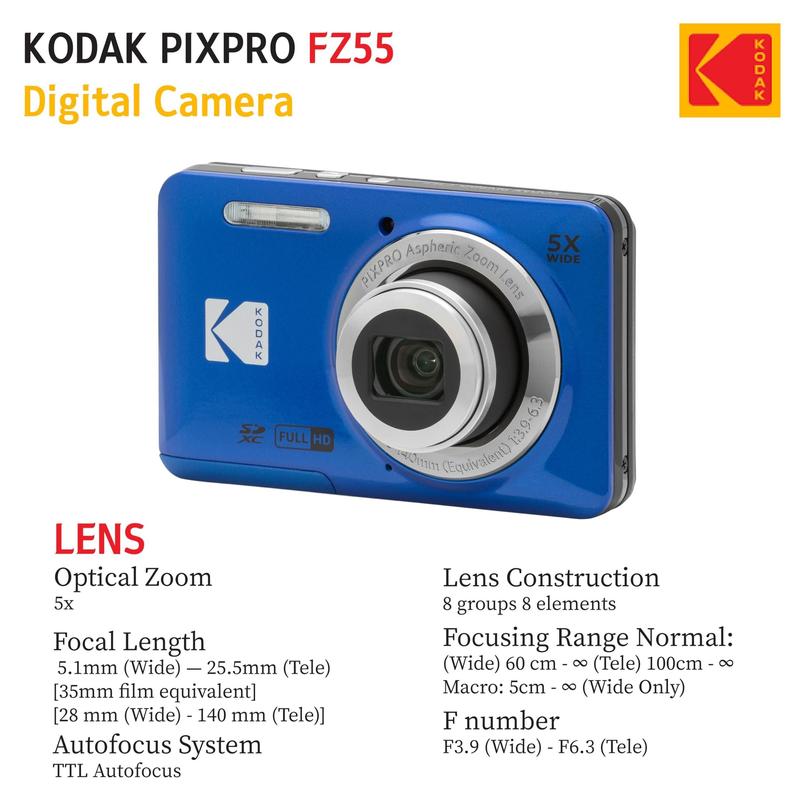 Câmera digital KODAK PIXPRO FZ55 16MP com zoom 5X de apontar e
